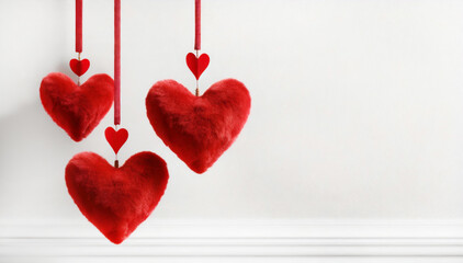 Tło Walentynki, czerwone wiszące serca, miejsce na tekst