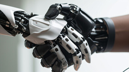  human hand and robotic hand touching, symbolizing Connection between man and machine 