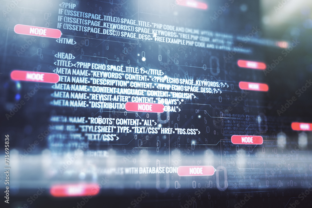 Poster abstract virtual coding illustration on blurry contemporary office building background, software dev
