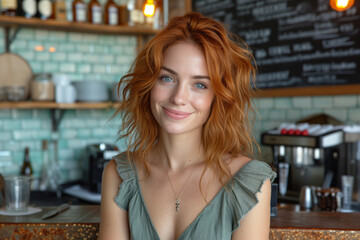 Cheerful Red-Haired Woman in a Coffee Shop