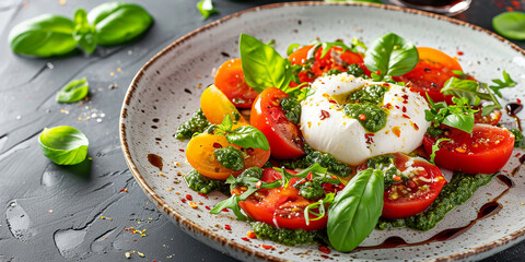Italian salad with Burrata cheese and tomatoes. caprese with burrata cheese, cherry tomatoes, pesto sauce and basil.