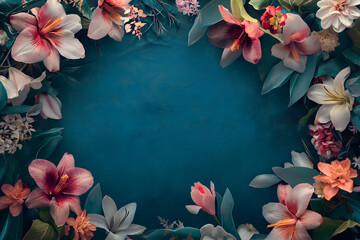 Dark turquoise background with plumeria, orchid, tulips and dahlia. Romantic concept.	