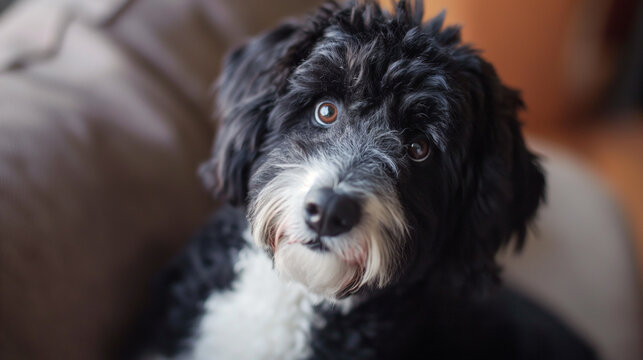 Portrait intime d'un Sheepadoodle aux yeux p&eacute;n&eacute;trants &agrave; l'int&eacute;rieur