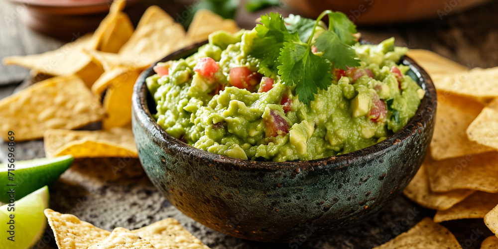 Wall mural Freshly made guacamole with a sprinkle of cilantro, ready to serve with crispy tortilla chips.