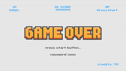 Obraz premium Game over press start button.pixel art .8 bit game.retro game. for game assets in vector illustrations.Retro Futurism Sci-Fi Background. glowing neon grid.and stars from vintage arcade comp 