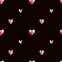 Romantic pattern with hearts on the black background, fabric, paper for Valentines day. Digital watercolor illustration