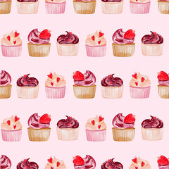 Valentines day pattern with cupcake, strawberry for decoration, fabric, textile, card. Delicious sweets, Digital watercolor illustration