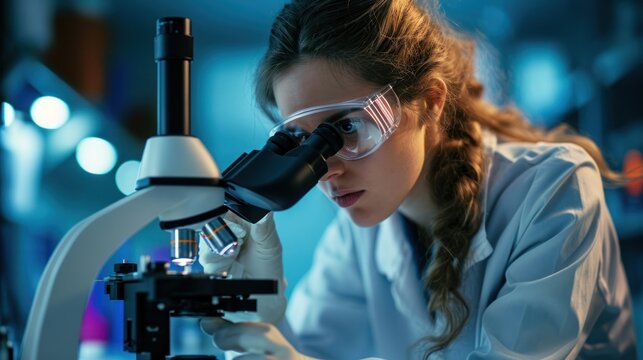 girl scientist in the laboratory looking through a microscope, British science week, banner