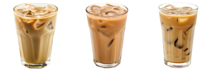 Three cold iced coffee drinks in tall glasses on a transparent background, refreshing summer beverage concept