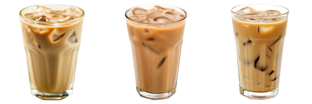 Three cold iced coffee drinks in tall glasses on a transparent background, refreshing summer beverage concept
