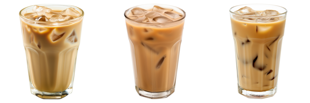 Three cold iced coffee drinks in tall glasses on a transparent background, refreshing summer beverage concept