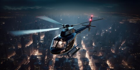 Obraz premium Helicopter flies over the city. A helicopter flies in the sky. Generative AI. View of a flying helicopter. City view from above