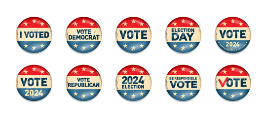 Set of 2024 United States of America Presidential Election Buttons.