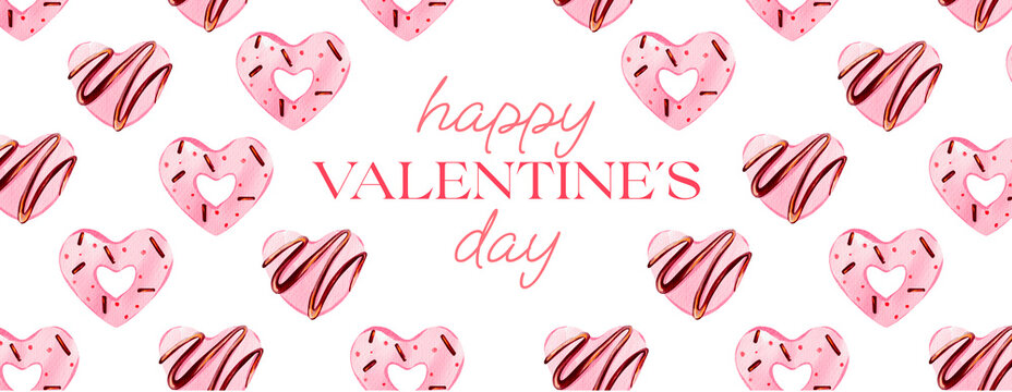 Happy valentines day - horizontal banner for website, 14 february. Pink heart-shaped cookies. Digital watercolor illustration