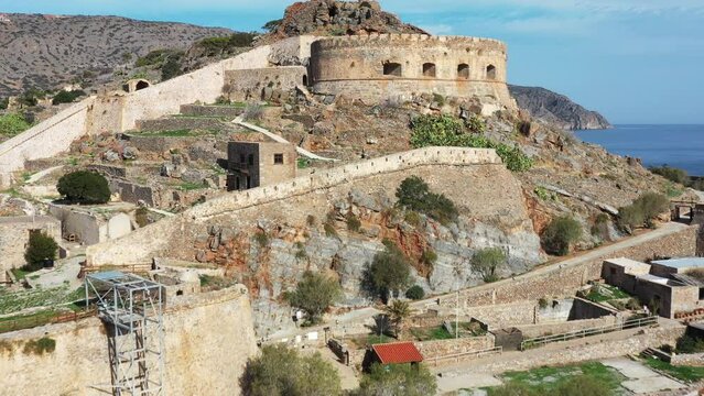 Aerial view of the island of Spinalonga, gulf of Elounda, Crete, Greece.