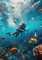 Fototapeta na wymiar woman in a mask diving underwater, snorkeling, ocean, swimming, coral reef, sea, blue water, beauty, fish, dive, summer, sport, vacation, active