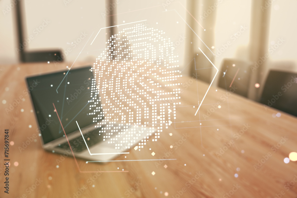 Aufkleber Multi exposure of abstract graphic fingerprint sketch on modern computer background, fingerprint scan data concept