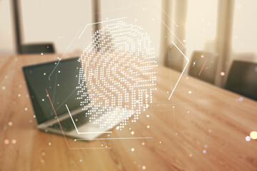 Multi exposure of abstract graphic fingerprint sketch on modern computer background, fingerprint...