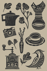 Coffee vector illustrations in linocut style. Retro style of elements, consist coffee grinder, pourover, cup, camera, bird and floral elements