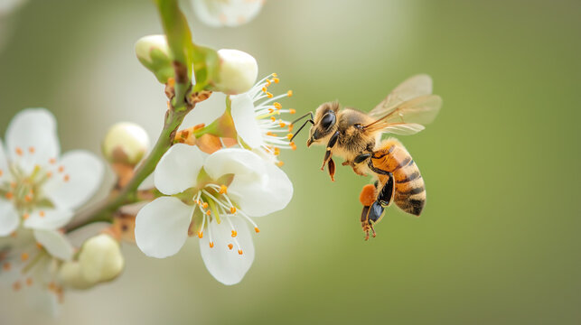 Abeille en vol s'appr&ecirc;tant &agrave; atterrir sur une fleur de pommier en macrophotographie