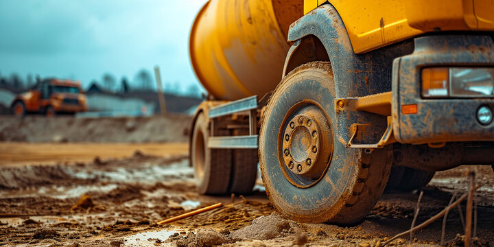 Yellow cement truck at a construction site