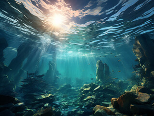 Fototapeta na wymiar Arctic Landscape with Underwater Iceberg in the Ocean or Sea created with Generative Ai