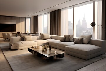 A sleek and minimalist urban living-room with a big sofa and beautiful view from the window