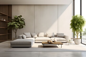 A contemporary living-room with empty wall for mockups, modern interior elements, neutral tones, and plants in modern pots
