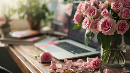 Laptop adorned with a vibrant bouquet of roses, a perfect blend of technology and nature, celebrating love, romance, and special occasions like weddings, birthdays, and Valentine's Day - obrazy, fototapety, plakaty