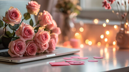Laptop adorned with a vibrant bouquet of roses, a perfect blend of technology and nature, celebrating love, romance, and special occasions like weddings, birthdays, and Valentine's Day - obrazy, fototapety, plakaty