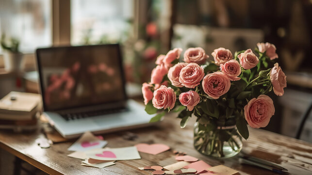 Laptop adorned with a vibrant bouquet of roses, a perfect blend of technology and nature, celebrating love, romance, and special occasions like weddings, birthdays, and Valentine's Day
