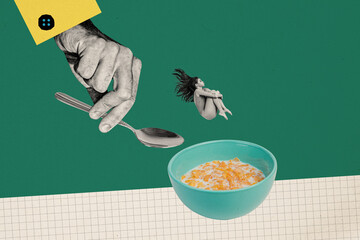 Collage picture of black white colors arm hold spoon mini girl swimsuit dive fall huge cereal...