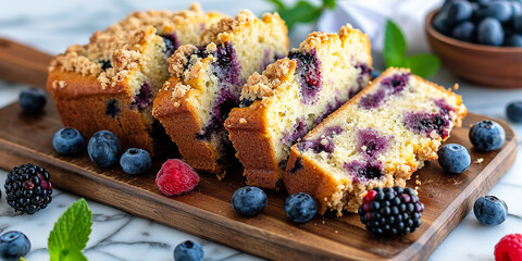 slices of sweet bread with blueberry streusel and fresh berries on a wooden board