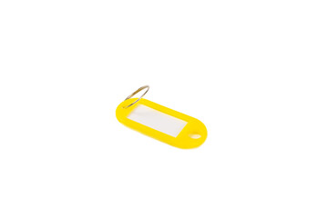 Plastic keychain of different colors with a place for a signature isolated on a white background. Bunch of keys with keychain, isolated on White. Mock-up keychain.