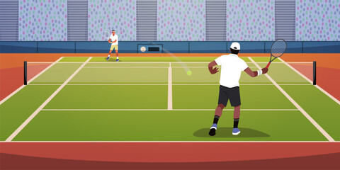 Professional tennis players. Athletes compete in tournament. Athletic men with rackets on court. Sportsman pitching and batting. Sport championship. Match stadium. Vector tidy concept