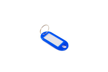 Plastic keychain of different colors with a place for a signature isolated on a white background. Bunch of keys with keychain, isolated on White. Mock-up keychain.