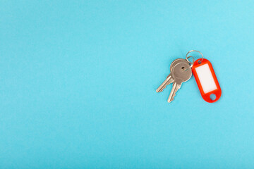 Plastic key ring in different colors with a place for a signature on a bright colored background....