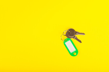Plastic key ring in different colors with a place for a signature on a bright colored background....