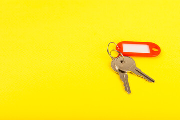 Plastic key ring in different colors with a place for a signature on a bright colored background....