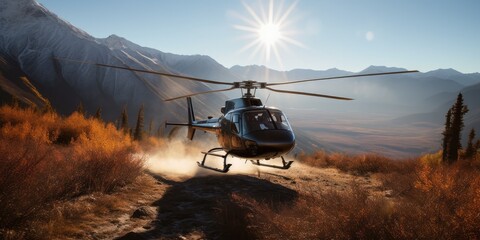 Helicopter flying high in the mountains. A helicopter flies in the sky. Generative AI. View of a flying helicopter. Adventure composite. Beautiful mountain landscape