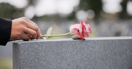 Funeral, cemetery and hands with rose on tombstone for remembrance, ceremony and memorial service....