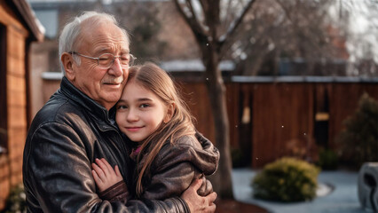 Fototapeta premium Grandfather and granddaughter lovingly embraced on a cold winter afternoon. AI Generated