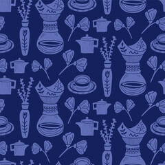 Seamless vector pattern with coffee illustrations in linocut style. Retro style of elements, consist pot, pourover and floral objects