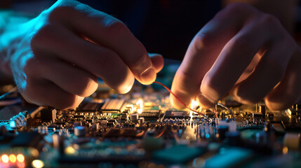 A close-up of robotic and human hands assembling intricate circuits