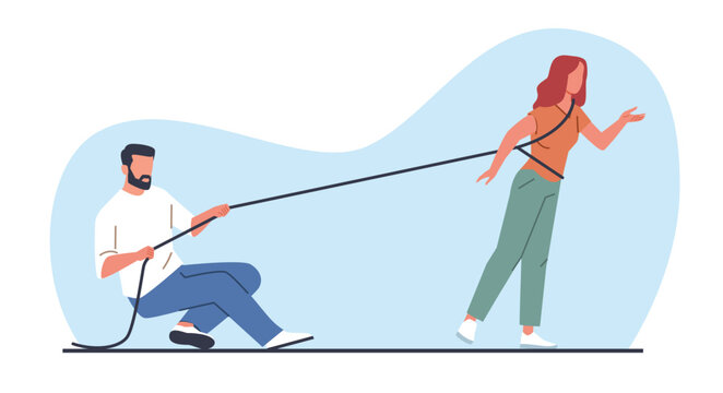Man uses rope to restrain woman. Male controlling female. Constraint and pressure. Couple relationship. Marriage shackles. Psychological dependence. Guy pulling cable. Vector concept
