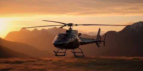 Helicopter flying high in the mountains. A helicopter flies in the sky. Generative AI. View of a flying helicopter. Adventure composite. Beautiful mountain landscape - obrazy, fototapety, plakaty
