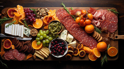 wooden boards, cold meat, various cheeses, fruit, bread, dip. A mix of different snacks snacks - obrazy, fototapety, plakaty