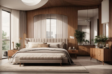 Modern living room, luxurious new bedroom with large over window