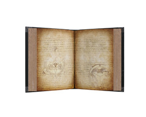 Old witch or wizard's magic spell book opened to show yellow stained parchment pages. Isolated 3D rendering