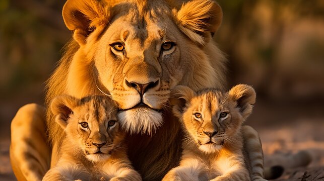 Majestic lion family resting in the serene golden african savannah at breathtaking sunset